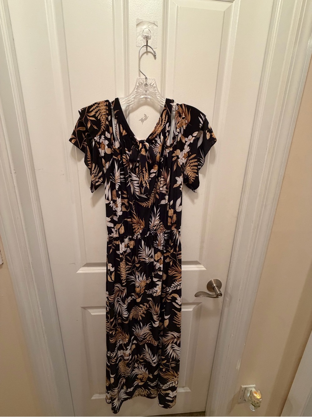 Black Tropical Print Cold Shoulder Dress with Gold and White Leaves - NWT!